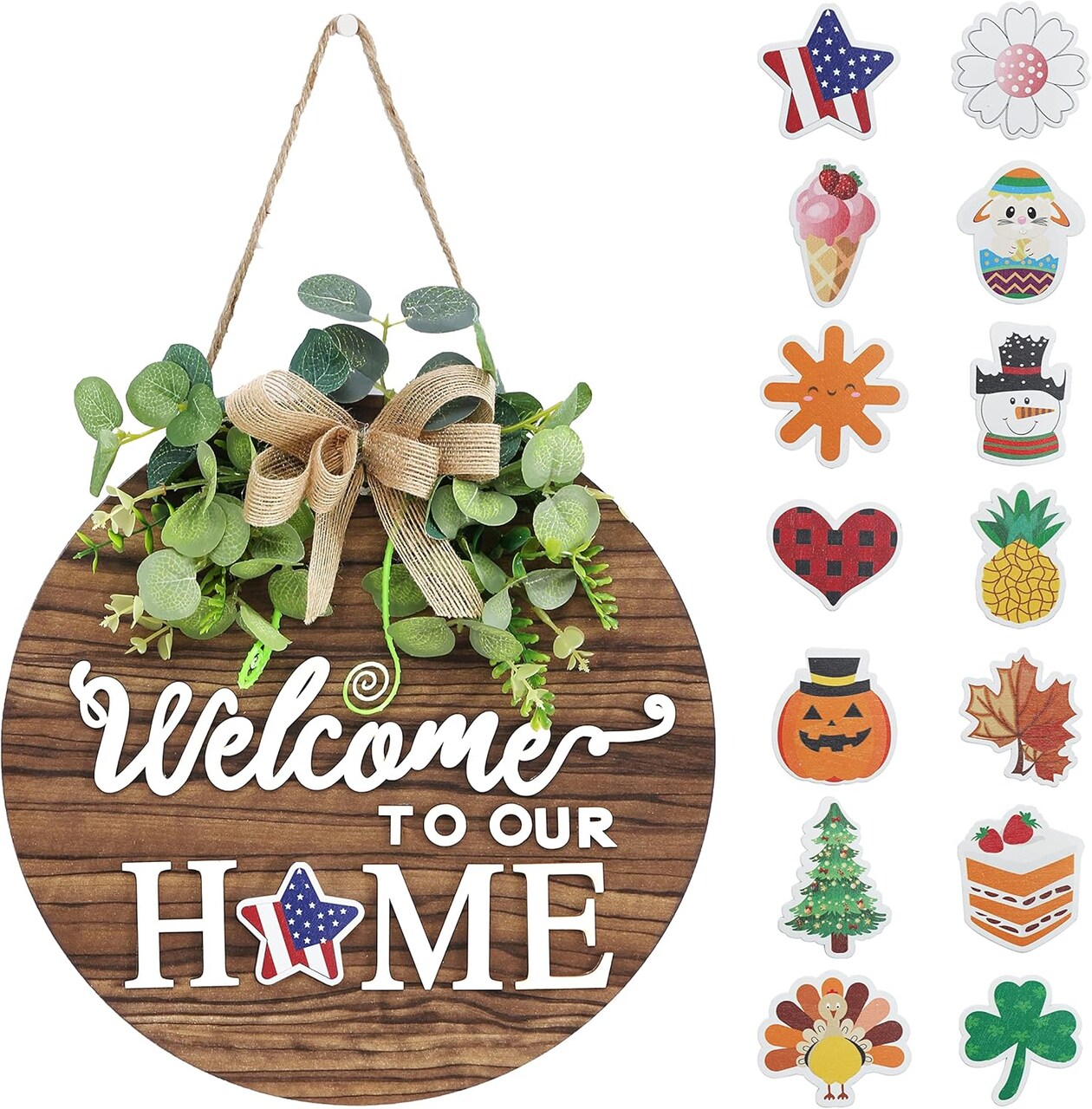 Interchangeable Seasonal Welcome Sign Front Door Decoration, Rustic Round Wood Wreaths Wall Hanging Outdoor